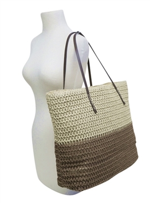 wholesale 2-tone straw tote bag w/ pu straps