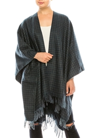 1080 Cozy Poncho - Plaid w/ Fringe - Dark Green