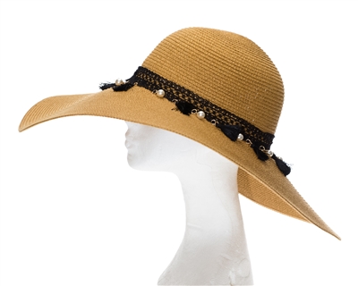 Wholesale Wide Brim Straw Sun Hat w/ Tassels & Pearls