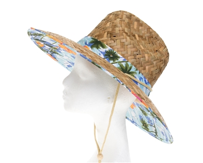 wholesale lifeguard hats - hawaii tropical print handwoven straw sun hats - chin cord