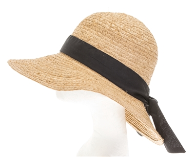 Wholesale Raffia Sun Hat w/ Black Bow Womens Beach Straw Sun Hat