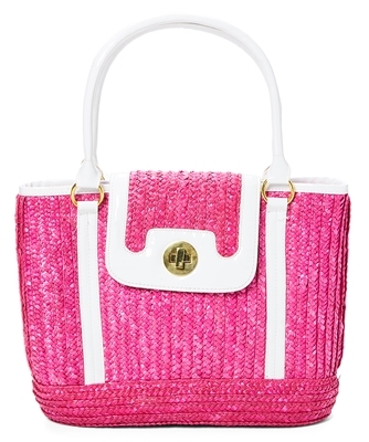 wholesale pink bags - straw handbag with patent vinyl trim