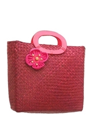 2325 Seagrass Straw Bags Purse w Fabric Flower - Fuchsia