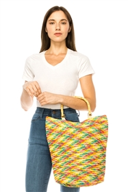 2366 Rainbow Straw Bag with Bamboo Handles