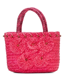 2374 Straw Handbag with Ribbon Flowers - FUCHSIA