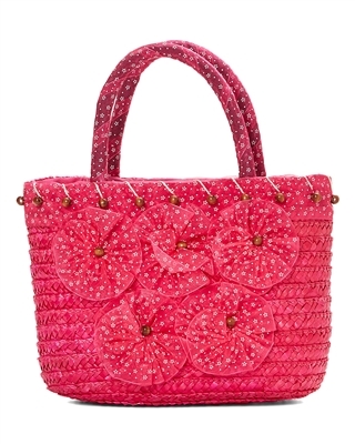 wholesale pink bags - straw handbag with ribbon flowers