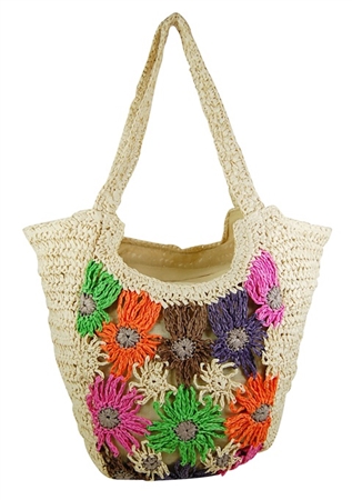 wholesale crochet straw beach bags - multicolor flowers