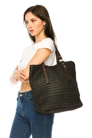 wholesale woven straw handbags with pu handles