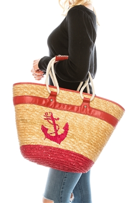 wholesale large straw beach bags - nautical anchor embroidered straw handbags