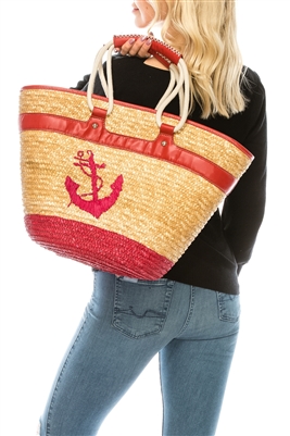 wholesale large straw beach bags - nautical anchor embroidered straw handbags