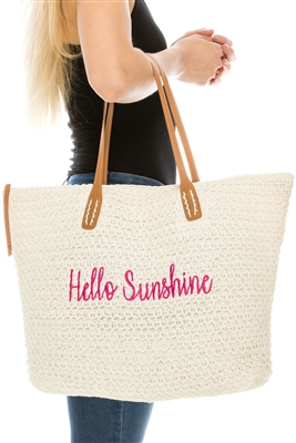 Wholesale Beach Bags - Hello Sunshine Script - Straw Tote Bag