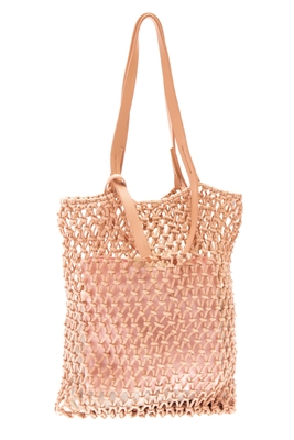wholesale pink bags - cotton macrame bag w/ leather handles