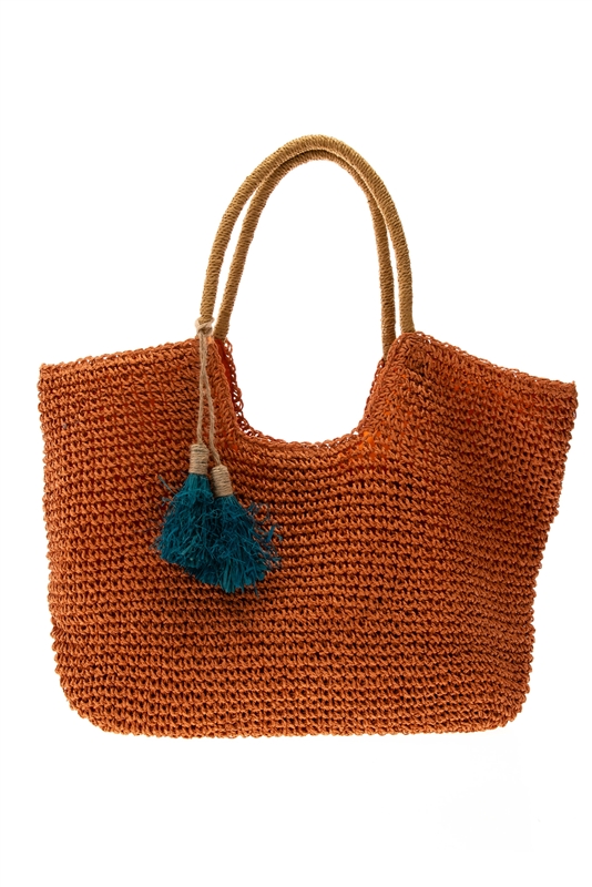 2533 T01 Toyo Straw Crochet Beach Bag Raffia Tassels