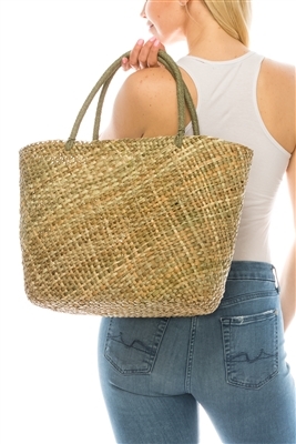 Zafran Solid Colors Tobacco Large Straw Beach Bag with Plastic Liner