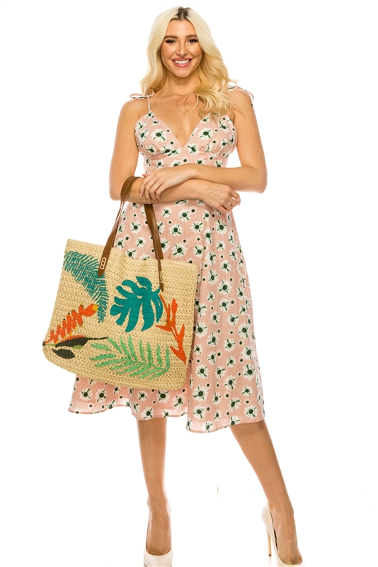 Wholesale Raffia Straw Beach Bags Crochet Beach Tote w Tropical