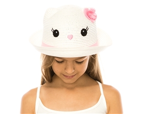 wholesale kids hats - kitty cat hat ears straw white pink natural