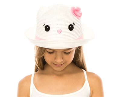 wholesale kids hats - kitty cat hat ears straw white pink natural