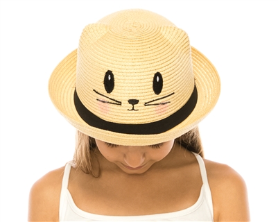 wholesale kids hats - kitty cat hat ears straw white pink natural