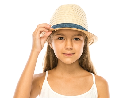 wholesale kids summer hats - Child's Straw Fedora w/ Chambray Band