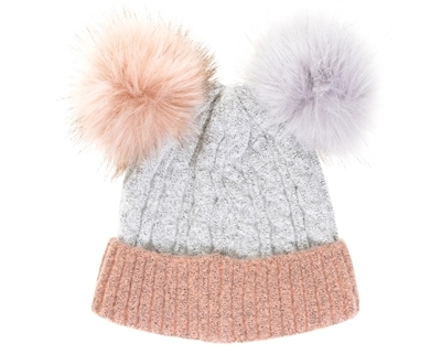 Women Winter Beanie Hat Cashmere Blended Stretchy Cable Cap Knit Beanie Real Fur Pom Pom Hats