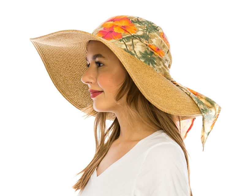 Wholesale Wide Brim Floppy Sun Hats - Hawaiian Print Flowers Hats