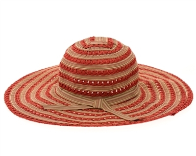 red ladies sun hats - striped ribbon and toyo sun hat wholesale