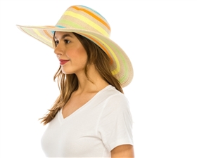 wholesale neon stripes wide brim hat - straw sun hats neon striped hat wholesale