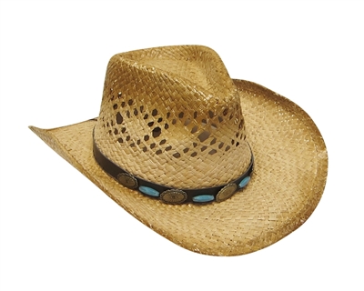 wholesale raffia straw cowboy hats cowgirl blue beads brass buttons