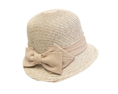 653 Asymmetrical Straw Cloche with Linen Bow