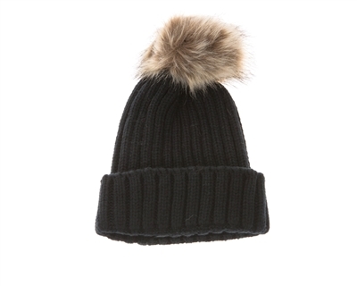 wholesale beanie hats - fur pom rib knit beanies