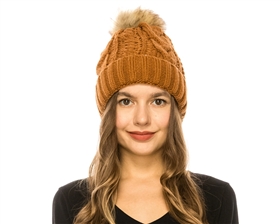 wholesale fur pom cable knit beanies - beanie hats wholesale los angeles bulk winter beanies