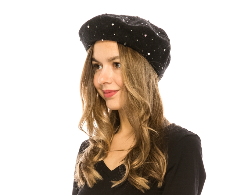 7059 Rhinestones Wool Beret - Black