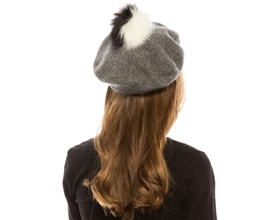 bulk grey berets - wholesale beret hats with vegan fur poms