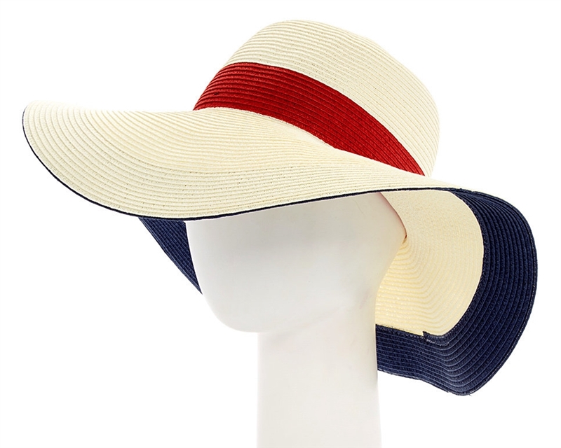 Wholesale Straw Beach Hats - Floppy Wide Brim Hat - Red White Blue Stripes