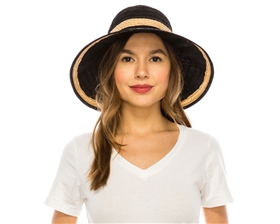wholesale womens hats - packable crusher hat in black white with raffia trim