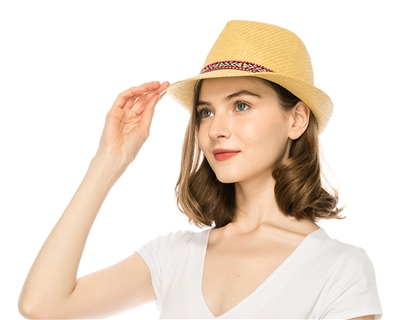 wholesale straw fedora hats - summer fedoras - fuchsia-lime band