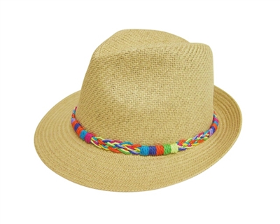 Wholesale Straw Fedora Hats - Straw Fedora w Multicolor Braided Band