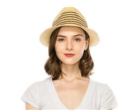 wholesale straw fedora hats beach resort striped open weave crown