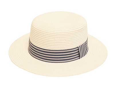 Wholesale Straw Boater Hats - White with Striped Band