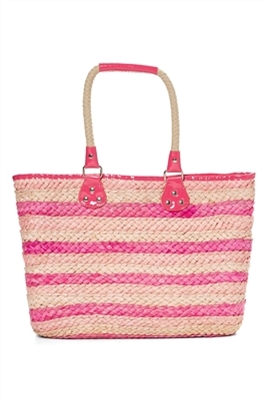 wholesale pink bags - striped cornhusk tote with rope handles
