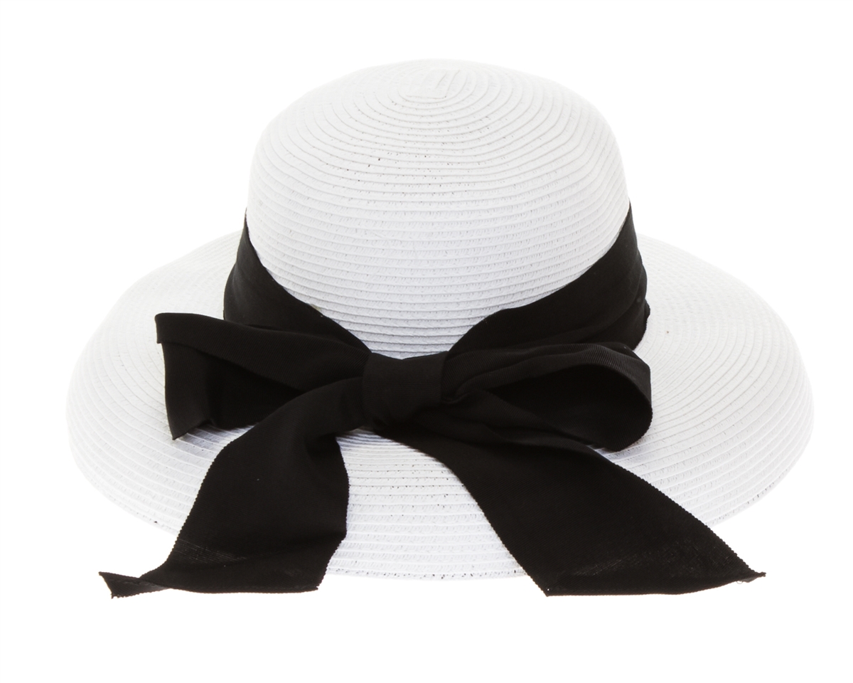 Boho Hat, Straw Hat, Floppy Vintage Hat, Linda White Black Bow White / 57cm